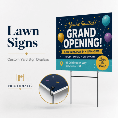 Custom lawn signs printed in full colour on durable corrugated plastic with optional ground stakes by Printomatic.