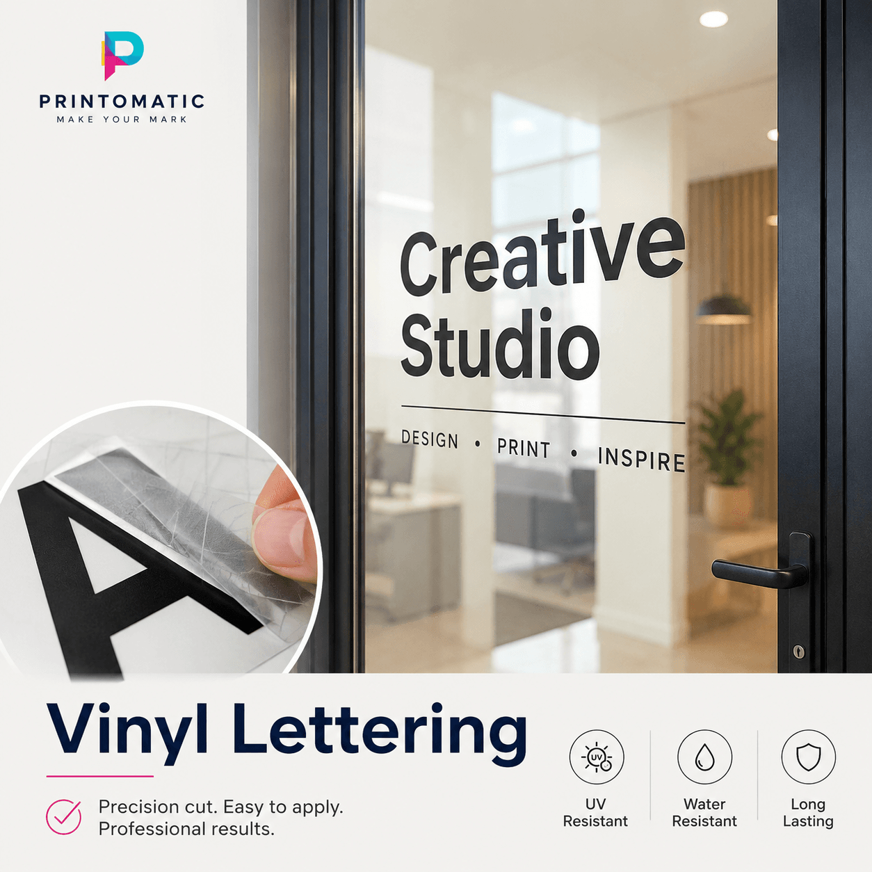 Custom Vinyl Lettering Printing & Cutting | Printomatic Custom vinyl lettering cut from durable adhesive vinyl for windows, walls, vehicles, signs, and business branding by Printomatic.