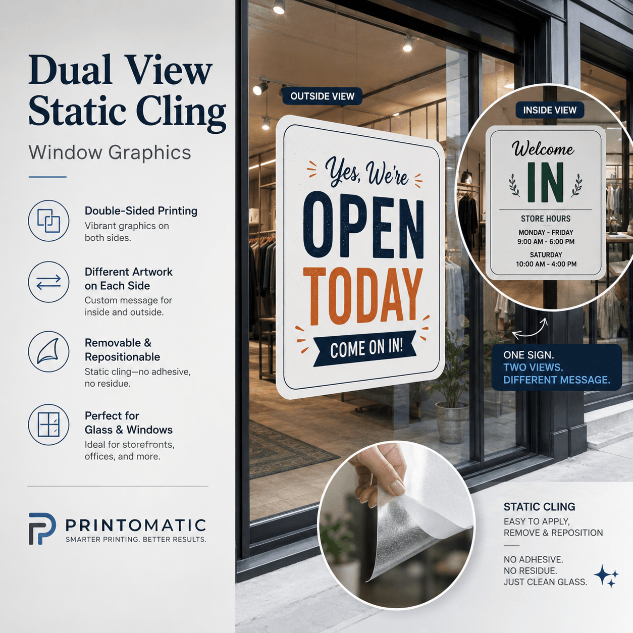 Custom dual view static cling printed with different full-colour graphics on each side for removable window displays by Printomatic.
