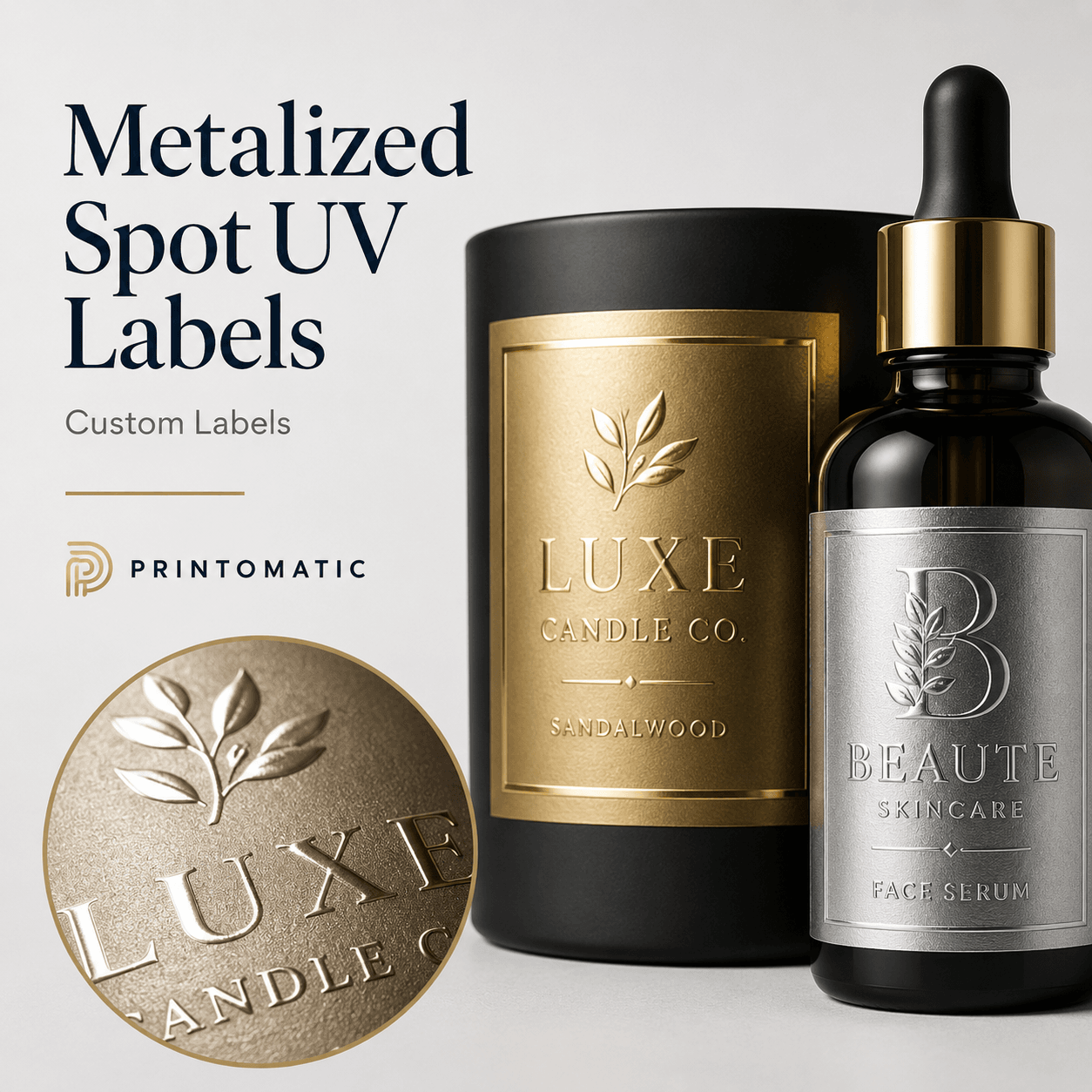 Custom Metalized Spot UV Labels Printing | Printomatic Custom metalized Spot UV labels with a reflective metallic finish and glossy raised highlights by Printomatic.