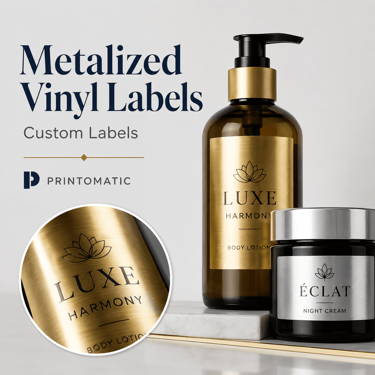 Metalized Vinyl Labels Custom metalized vinyl labels with a shiny metallic finish and vibrant full-colour printing by Printomatic.
