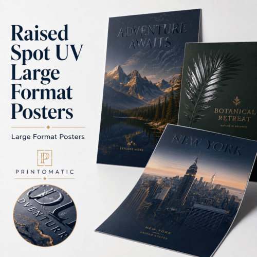 Custom Spot UV poster printing with glossy raised highlights on selected design areas by Printomatic.
