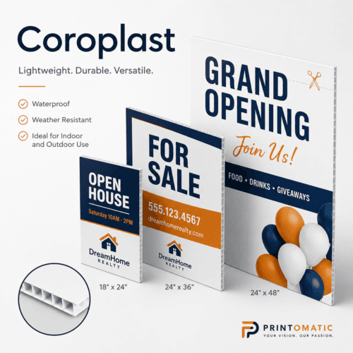 Custom Coroplast signs printed in full colour on lightweight corrugated plastic for indoor and outdoor signage by Printomatic.