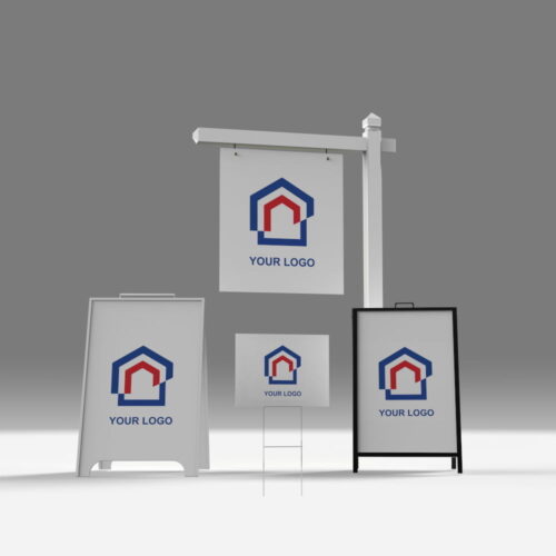 a group of signs on a white pole