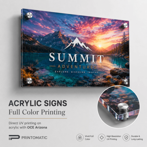 Custom opaque acrylic signs printed in full colour on solid rigid acrylic for premium indoor signage by Printomatic.