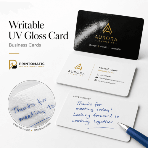 Custom writable UV gloss business cards with one-sided glossy UV coating and an uncoated writable back by Printomatic.