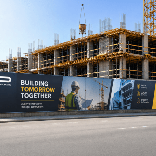Custom outdoor billboard printed in full colour for construction site fencing and large-scale outdoor advertising by Printomatic.